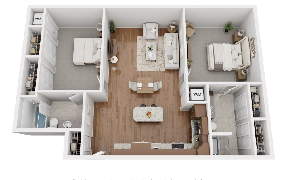 2x2 - 2 bedroom floorplan layout with 2 bathrooms and 1049 square feet (Floor Plan Layout 2)