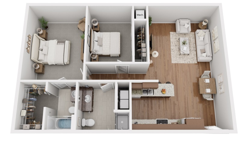 2 bedroom, 2-bathroom apartment
